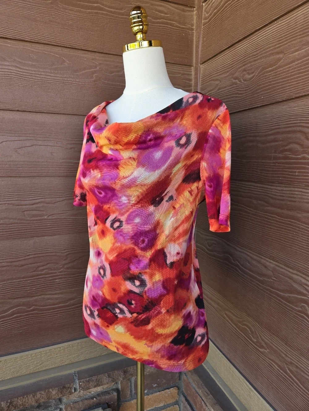 Ellen Tracy Stretch Colorful Mesh Floral Cowl Neck Women’s Top Size Medium NWOT